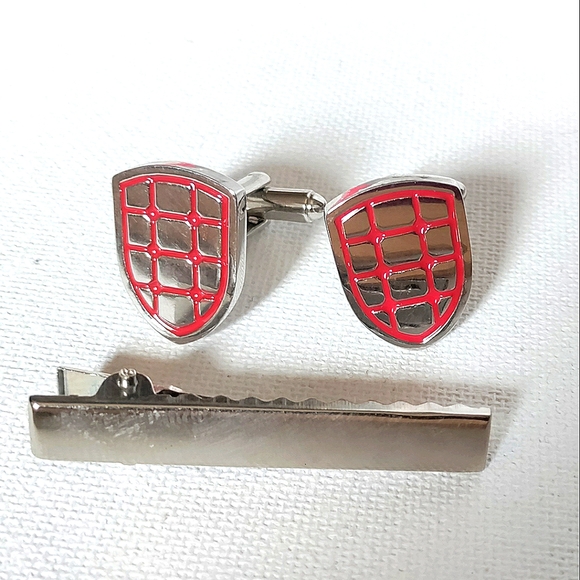 NEW 3pc. Cufflinks: "Crest-Shield" Stainless Steel/Enamel & Tie Bar. Bullet Back - Picture 4 of 6